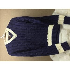 Gimbels Vintage Navy Blue and Cream Cable Knit Sweater